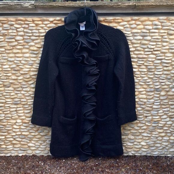 NANETTE LEPORE Black Ruffle Wool/Silk Long Cardigan/Sweater SZ XS VGUC! Winter - Picture 1 of 7
